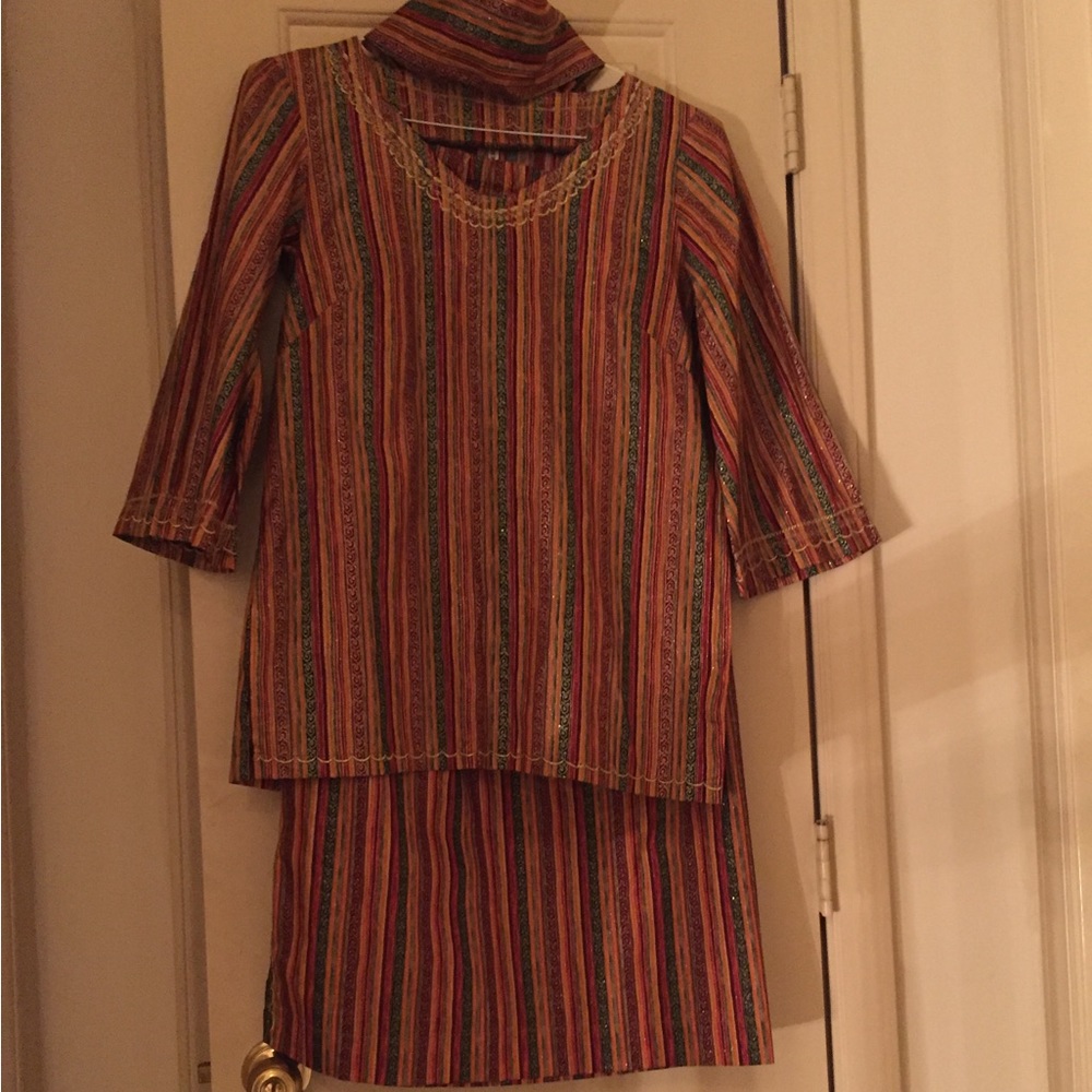 3 piece multicolored skirt set with gold threads.